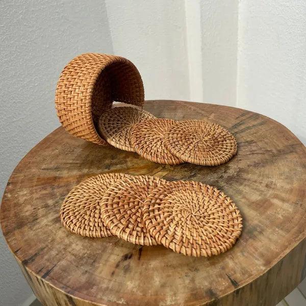 Suporte Copo Rattan Taipei de 6 peças + suporte