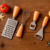 Kit 4 Utensílios de Cozinha em Metal com Cabo Textura Madeira
