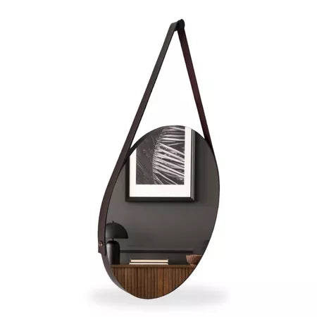 Espelho Moderno Redondo com Alças Couro Sintético