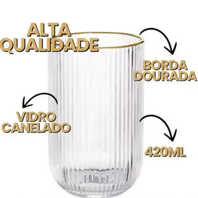 Jogo de 6 Copos Altos 420ml Borda Dourada Vidro Canelado Versalhes
