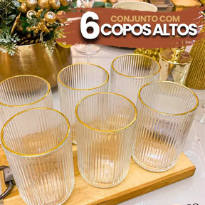 Jogo de 6 Copos Altos 420ml Borda Dourada Vidro Canelado Versalhes