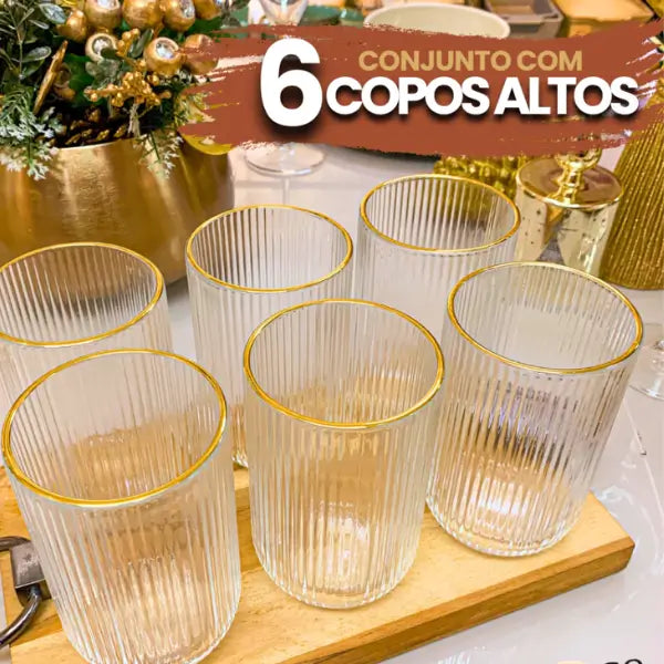 Jogo de 6 Copos Altos 420ml Borda Dourada Vidro Canelado Versalhes