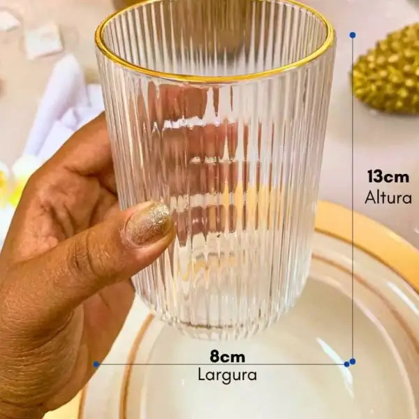 Jogo de 6 Copos Altos 420ml Borda Dourada Vidro Canelado Versalhes